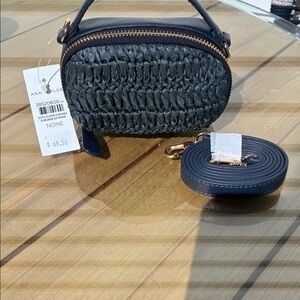 Ann Taylor Navy Woven Mini Crossbody Pouch with Detachable Strap
